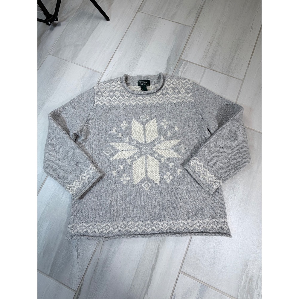 Lauren Ralph Lauren Hand Knit Lambswool Sweater Grey Nordic Snowflake Mens L